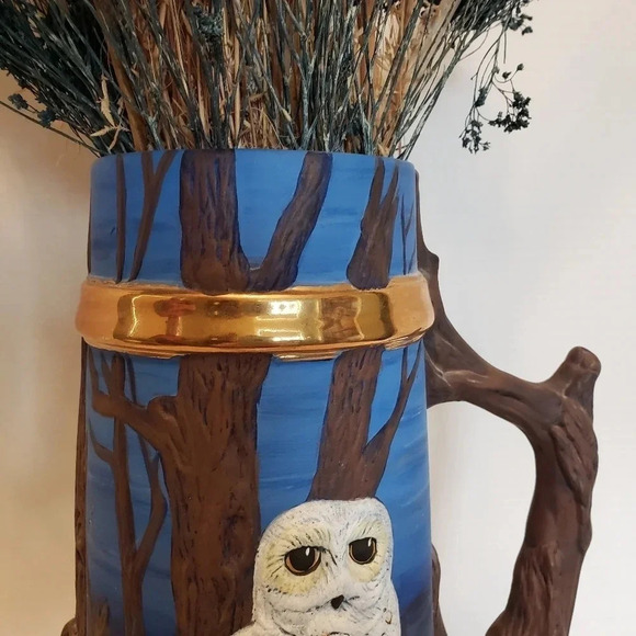 Large Vintage 90s Pottery Stein With Flying  Snow Owls and Tree Branch Handle. - Picture 7 of 9